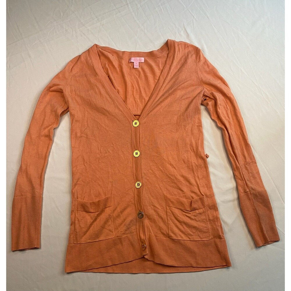 Lily Pulitzer Button Up Blouse Orange Long Sleeve Pockets Womens Medium V Neck